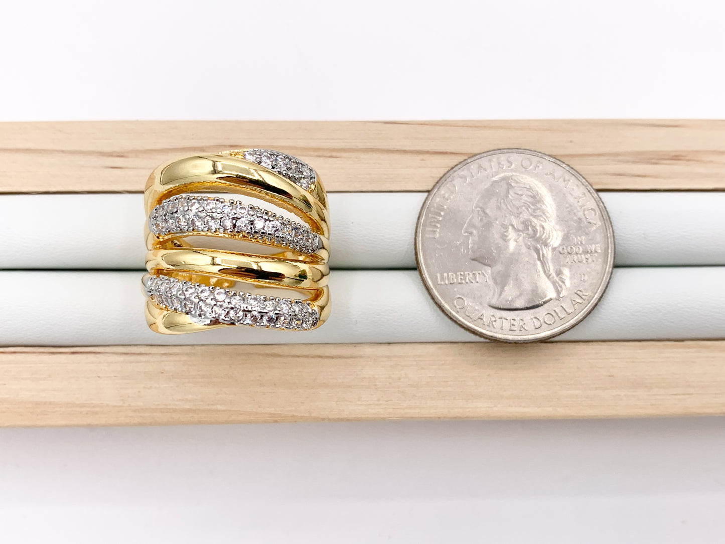 2 Tone Thick Wrap Adjustable Ring in Real Gold/Platinum 18K Plated Copper CZ Pave Size 7-7.5 | 3PCS