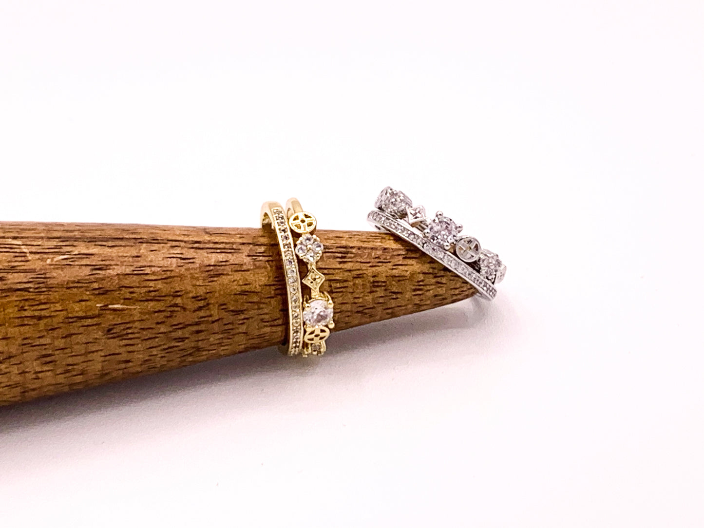 Double Stack Geometric Vintage CZ Pave Style Rings in 18K Gold or Silver Plated Copper 4 pcs