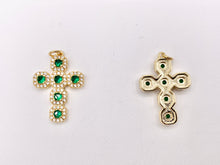 Load image into Gallery viewer, Whimsical Bedazzle Gold Cross Pendants with Beautiful Clear & Green CZ Pave in 18K Gold plated Copper 5 PCS