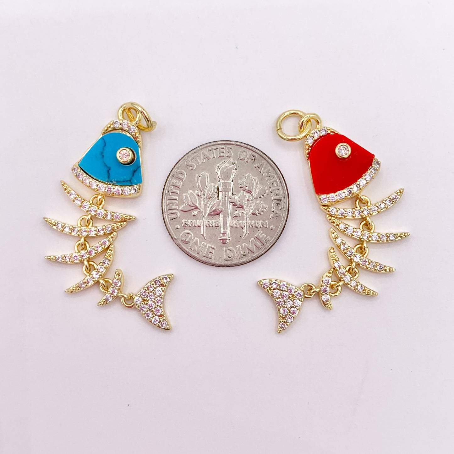 Cute Dangle Colorful Fish Charms in 18K Gold Plated Copper with CZ Pave 5 PCS