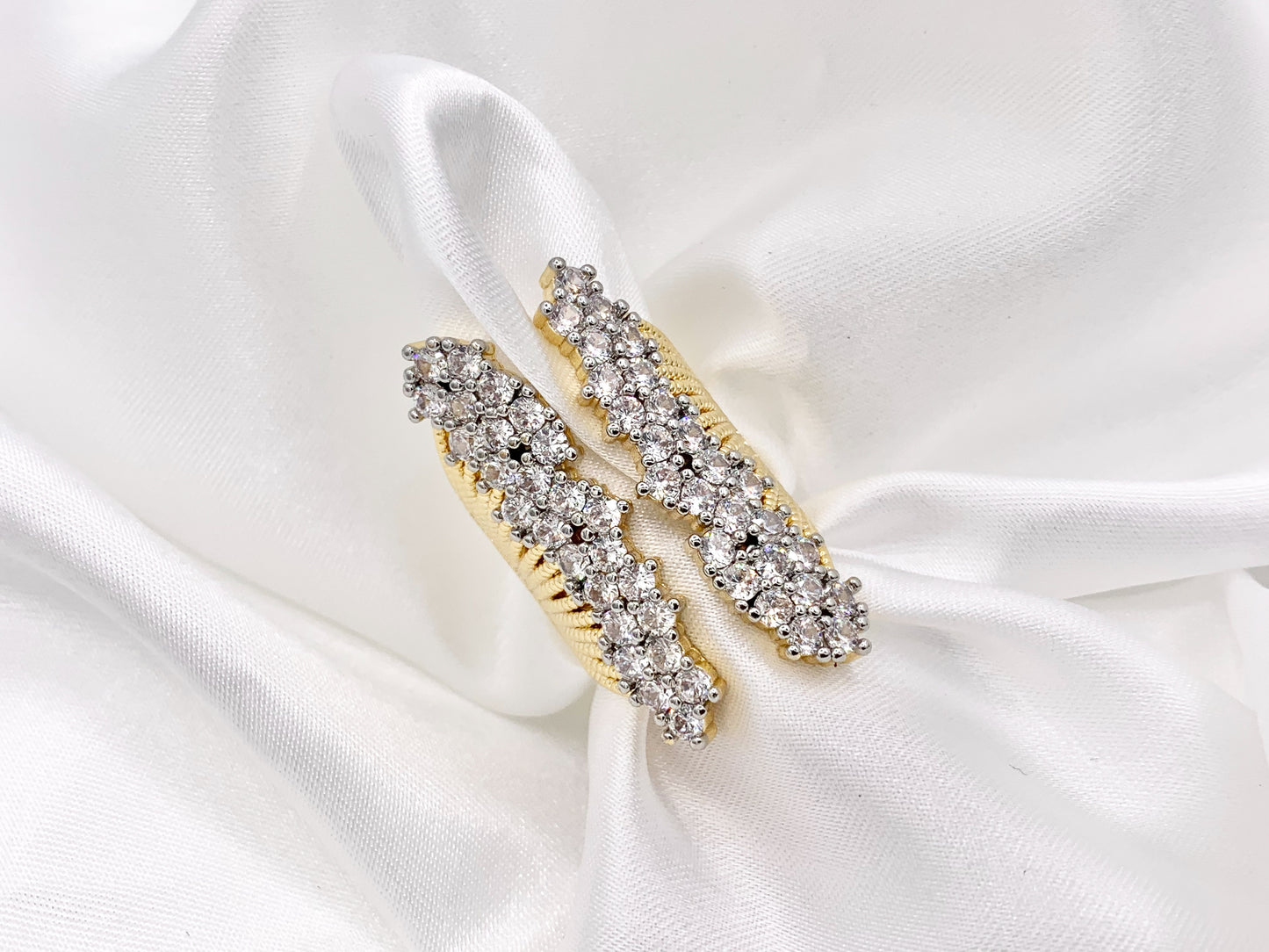 2 Tone Thick Chunky Front Open Adjustable Ring in Real Gold/Platinum 18K Plated Copper CZ Pave 3 PCS