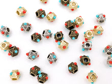 Cargar imagen en el visor de la galería, 6x9mm Pewter Cube Faceted Spacer Beads with Red & Blue Beads Tiny Nugget Space Beads for Jewelry Making Antique Gold, Silver, Bronze
