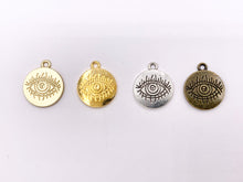 Load image into Gallery viewer, 16mm Pewter Evil Eye Carved Circle Pendants Curved Coin One Sided Charms Bulk Order in Gold, Matte Gold, Silver, Brass