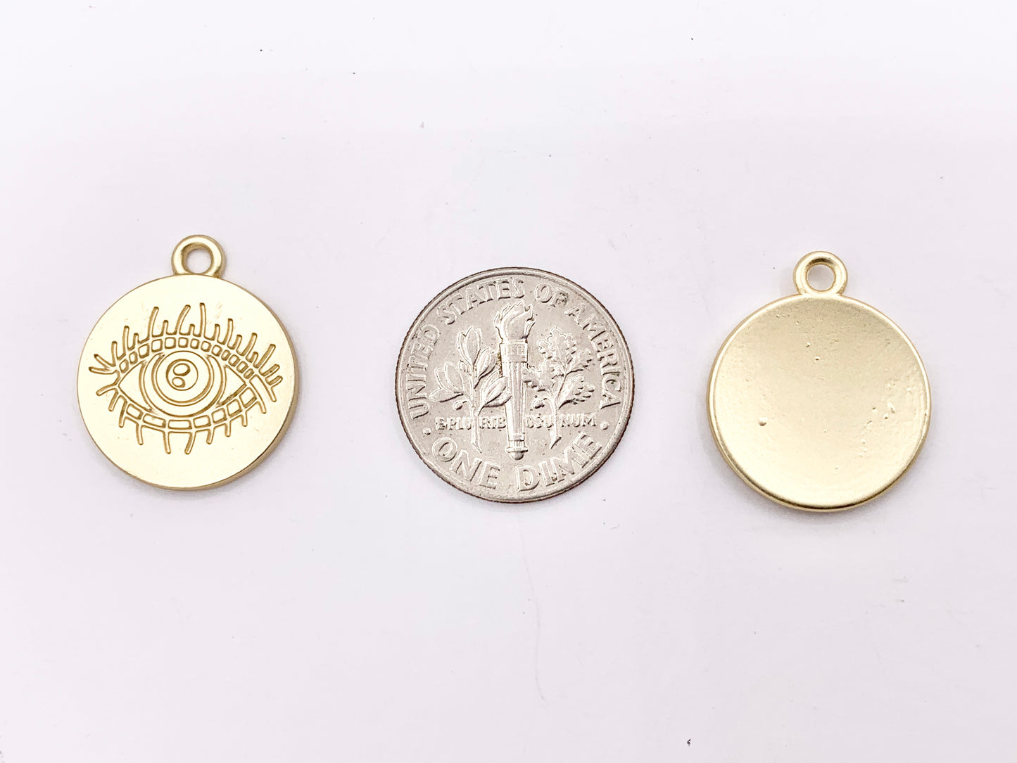 16mm Pewter Evil Eye Carved Circle Pendants Curved Coin One Sided Charms Bulk Order in Gold, Matte Gold, Silver, Brass