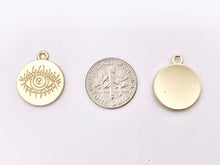 Load image into Gallery viewer, 16mm Pewter Evil Eye Carved Circle Pendants Curved Coin One Sided Charms Bulk Order in Gold, Matte Gold, Silver, Brass