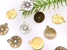 Load image into Gallery viewer, 16mm Pewter Sunburst Carved Circle Pendants Curved Coin One Sided Charms Bulk Order in Gold, Silver, Brass 40 PCS