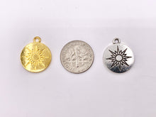 Load image into Gallery viewer, 16mm Pewter Sunburst Carved Circle Pendants Curved Coin One Sided Charms Bulk Order in Gold, Silver, Brass 40 PCS