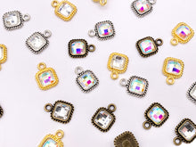 Load image into Gallery viewer, 10mm Pewter Tiny Clear/ Clear AB Crystal Square Charm Mini Diamond Charm Available in Bronze, Gold, Silver