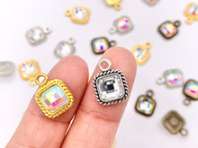 Load image into Gallery viewer, 10mm Pewter Tiny Clear/ Clear AB Crystal Square Charm Mini Diamond Charm Available in Bronze, Gold, Silver