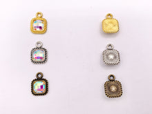 Load image into Gallery viewer, 10mm Pewter Tiny Clear/ Clear AB Crystal Square Charm Mini Diamond Charm Available in Bronze, Gold, Silver