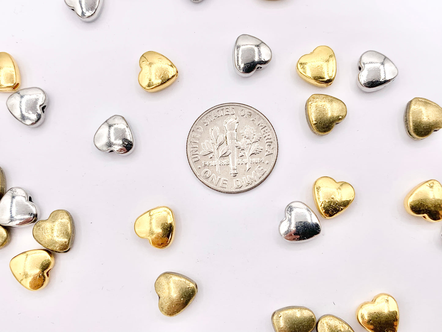 8mm Pewter Heart Spacer Beads Double Sided Puffy Valentine's Day Heart Space Beads in Gold, Silver, and Bronze Color