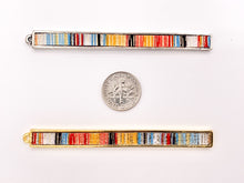Load image into Gallery viewer, 7x83mm/3.26 inches Pewter Hand Crafted Bar Pendants with Multicolor Fabric in Light Gold, Gold, Silver and Brass