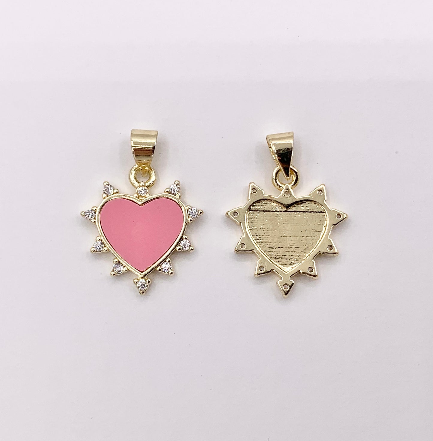 18K Real Gold Plated Micro CZ Pave White Lip Shell & Pink Enamel Heart Charm Pendant Over Copper 10 PCS