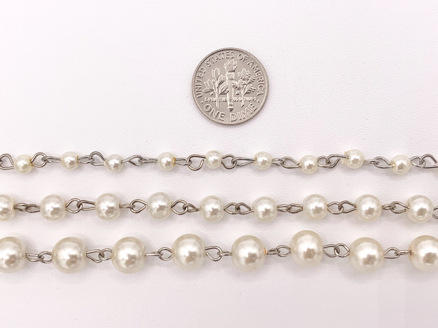 Vintage Glass Pearl Imitation White/Cream Pearl Rosary Style Beaded Chain With Silver Wire By Foot/Yard 4mm 6mm 8mm