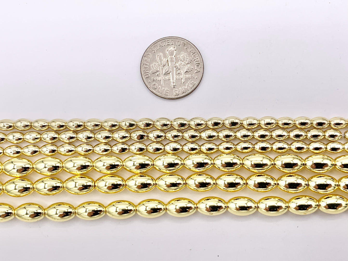 Hematite Puffy Rice Shape Shiny Beads | Real 18K Gold Plated Stone Beads 3mm 5mm Around 16"