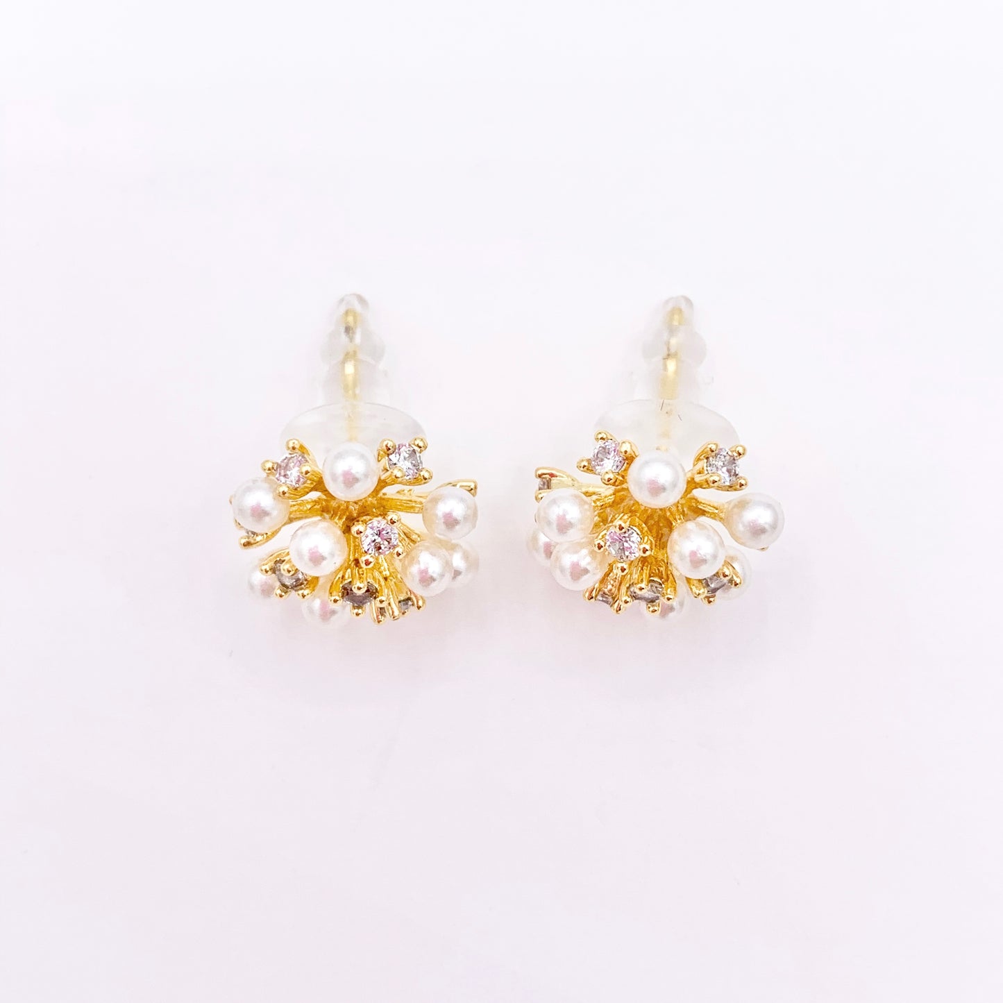 Pretty Unique Pearl CZ Pave Firework Spiky Studs in 18K Gold Plated Copper 3 PAIRS