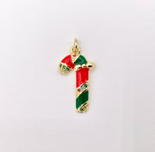 Load image into Gallery viewer, Cute Christmas Candy Cane Charm Holiday Enamel Pendant in Real Gold 18K Plated Micro CZ Pave Over Copper 5 PCS