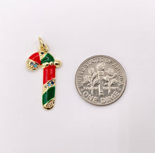 Load image into Gallery viewer, Cute Christmas Candy Cane Charm Holiday Enamel Pendant in Real Gold 18K Plated Micro CZ Pave Over Copper 5 PCS