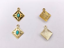 Cargar imagen en el visor de la galería, 20mm Pewter Granny Square Pendants with Turquoise Howlite Cute Diamond Shape Charms in Gold, Silver, Bronze and Matte Gold Color