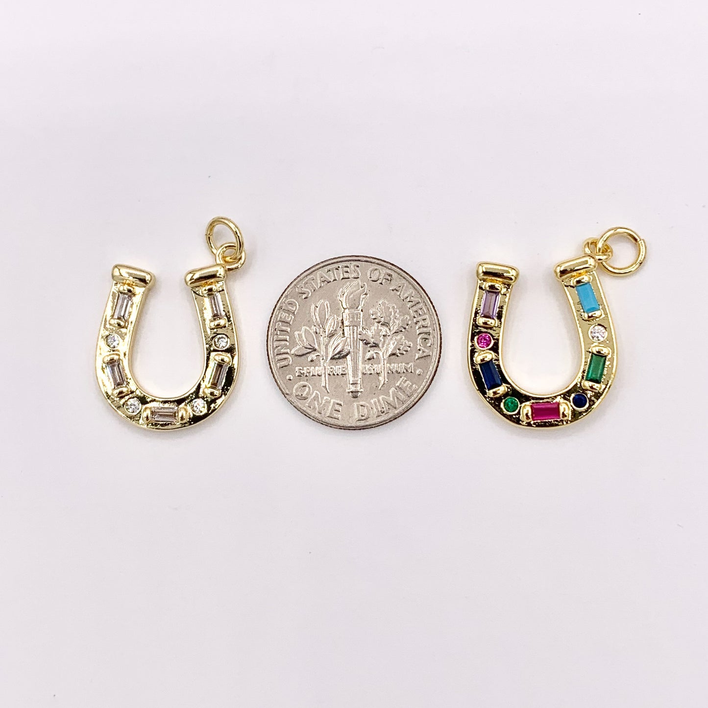 Clear/Multicolor CZ Horseshoe U Charm in Real 18K Gold Plated Over Copper 6 PCS