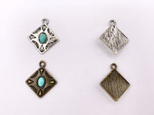 Cargar imagen en el visor de la galería, 20mm Pewter Granny Square Pendants with Turquoise Howlite Cute Diamond Shape Charms in Gold, Silver, Bronze and Matte Gold Color