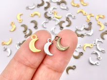 Load image into Gallery viewer, 5x10mm Pewter Cute Tiny Moon Crescent Charm in Gold, Silver and Brass 125g