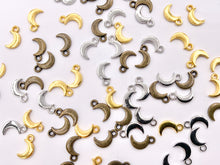Load image into Gallery viewer, 5x10mm Pewter Cute Tiny Moon Crescent Charm in Gold, Silver and Brass 125g