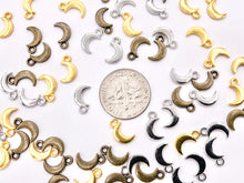 Load image into Gallery viewer, 5x10mm Pewter Cute Tiny Moon Crescent Charm in Gold, Silver and Brass 125g