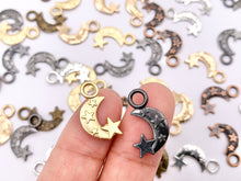 Load image into Gallery viewer, 11x18mm Pewter Cute Moon Crescent with Stars Charm in Gold, Silver, Brass, Copper, Gunmetal and Matte Gold