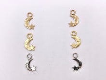 Load image into Gallery viewer, 11x18mm Pewter Cute Moon Crescent with Stars Charm in Gold, Silver, Brass, Copper, Gunmetal and Matte Gold