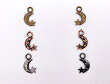 Load image into Gallery viewer, 11x18mm Pewter Cute Moon Crescent with Stars Charm in Gold, Silver, Brass, Copper, Gunmetal and Matte Gold