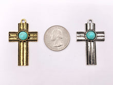 Cargar imagen en el visor de la galería, 26x43mm Pewter Cross With Turquoise Charms Large Antique Cross Pendants in Gold, Silver and Bronze Color 10 PCS