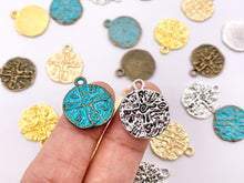 Load image into Gallery viewer, 16mm Pewter Compass Charms Cute Carved Coin Pendants in Matte Gold, Gold, Silver, Bronze and Blue Patina Color