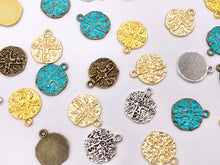 Load image into Gallery viewer, 16mm Pewter Compass Charms Cute Carved Coin Pendants in Matte Gold, Gold, Silver, Bronze and Blue Patina Color