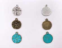 Load image into Gallery viewer, 16mm Pewter Compass Charms Cute Carved Coin Pendants in Matte Gold, Gold, Silver, Bronze and Blue Patina Color