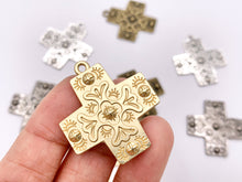 Cargar imagen en el visor de la galería, 28mm Pewter Greek Cross Charms Large Cross Pendants in Matte Gold, Silver, Bronze, Gunmetal Color