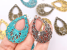 Cargar imagen en el visor de la galería, 24x34mm Pewter Filigree Teardrop Pendants in Gold, Silver, Blue Patina and Bronze Color