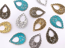 Cargar imagen en el visor de la galería, 24x34mm Pewter Filigree Teardrop Pendants in Gold, Silver, Blue Patina and Bronze Color