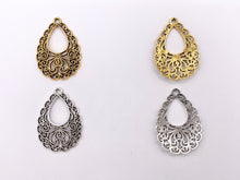 Cargar imagen en el visor de la galería, 24x34mm Pewter Filigree Teardrop Pendants in Gold, Silver, Blue Patina and Bronze Color