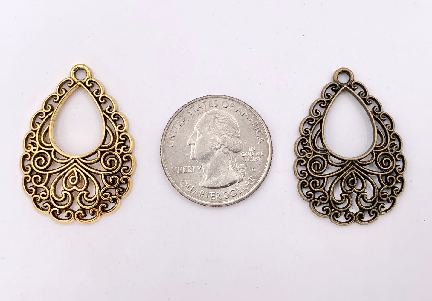 24x34mm Pewter Filigree Teardrop Pendants in Gold, Silver, Blue Patina and Bronze Color
