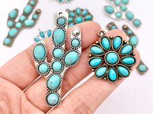 Load image into Gallery viewer, Pewter Flower/Cactus Charms With Turquoise Howlite Cute Floral Pendants in Silver and Bronze Color 6 PCS