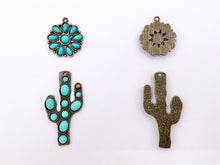 Load image into Gallery viewer, Pewter Flower/Cactus Charms With Turquoise Howlite Cute Floral Pendants in Silver and Bronze Color 6 PCS