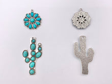 Load image into Gallery viewer, Pewter Flower/Cactus Charms With Turquoise Howlite Cute Floral Pendants in Silver and Bronze Color 6 PCS