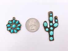Load image into Gallery viewer, Pewter Flower/Cactus Charms With Turquoise Howlite Cute Floral Pendants in Silver and Bronze Color 6 PCS