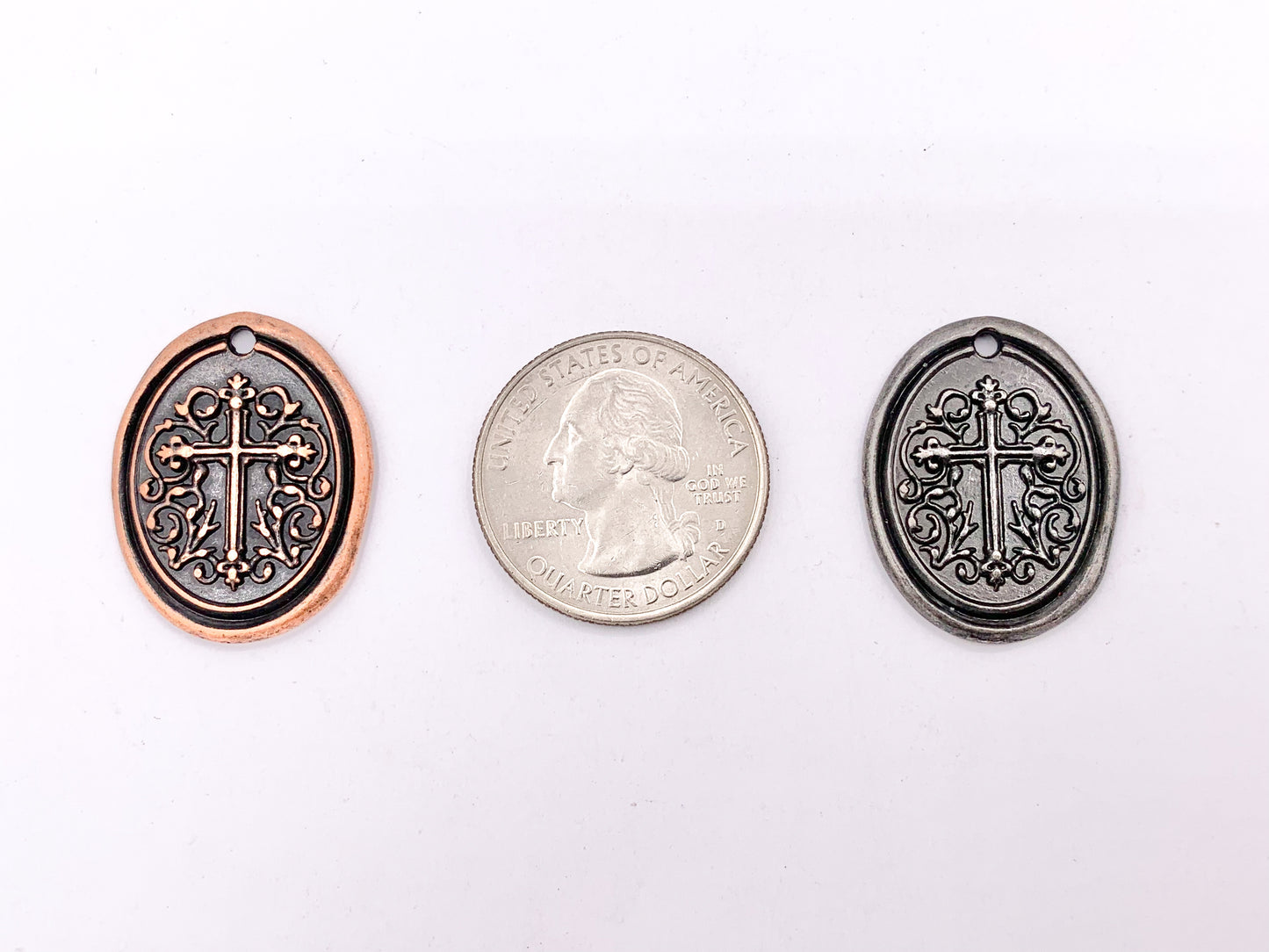 21x26mm Pewter Oval Cross Charms Cute Carved Floral Religious Pendants Available in 10 Colors