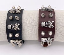 Load image into Gallery viewer, Genuine Greek Cow Leather Silver Spiked Skull Gothic Spiky Black & Brown Leather Wristband Cuff Bracelet 7"-8.5"