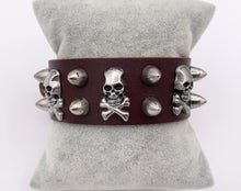 Load image into Gallery viewer, Genuine Greek Cow Leather Silver Spiked Skull Gothic Spiky Black & Brown Leather Wristband Cuff Bracelet 7"-8.5"
