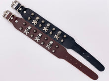 Load image into Gallery viewer, Genuine Greek Cow Leather Silver Spiked Skull Gothic Spiky Black & Brown Leather Wristband Cuff Bracelet 7"-8.5"