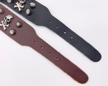 Load image into Gallery viewer, Genuine Greek Cow Leather Silver Spiked Skull Gothic Spiky Black & Brown Leather Wristband Cuff Bracelet 7"-8.5"