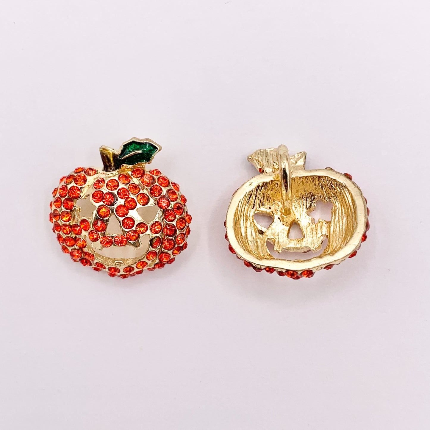 19mm Rhinestone Jack O Lantern Pumpkin Face Charms/ Pendants Orange Rhinestone with Green Enamel Coating Cute Halloween Pendant 1 PC